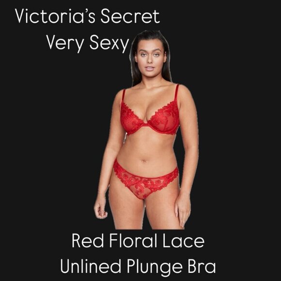GORGEOUS Victoria's Secret 32DDD Very Sexy Red Floral Lace Appliqué Plunge Bra - Picture 8 of 8